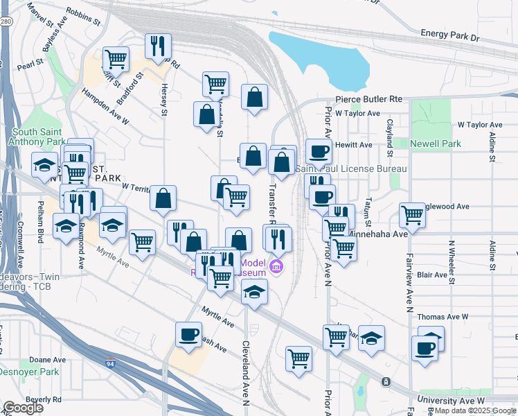 map of restaurants, bars, coffee shops, grocery stores, and more near 801 Transfer Road in Saint Paul