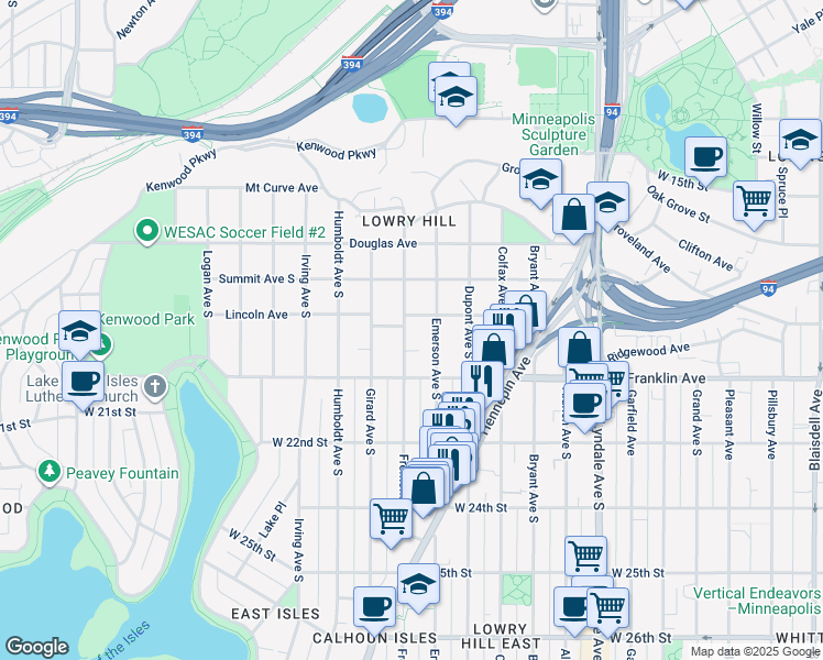 map of restaurants, bars, coffee shops, grocery stores, and more near 1909 Fremont Avenue South in Minneapolis
