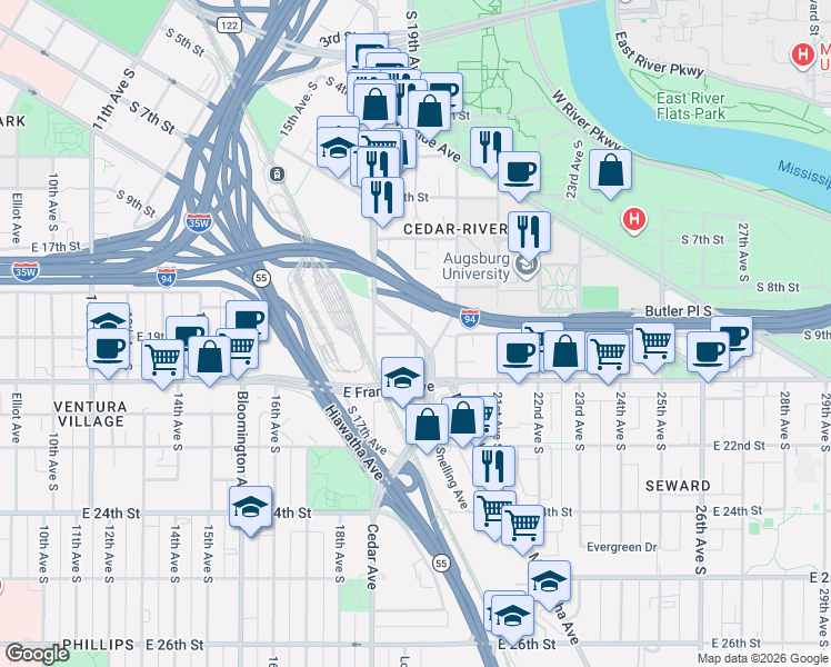 map of restaurants, bars, coffee shops, grocery stores, and more near 1606 Cedar Avenue in Minneapolis