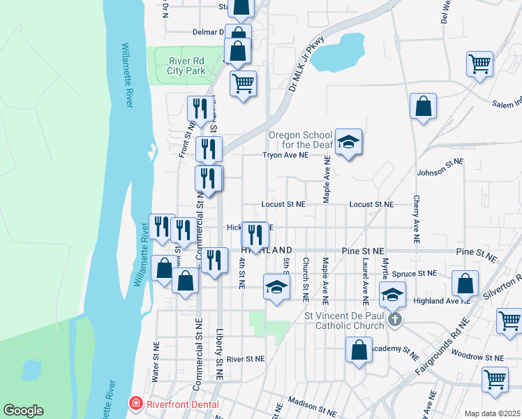 map of restaurants, bars, coffee shops, grocery stores, and more near 460-476 Locust Street Northeast in Salem