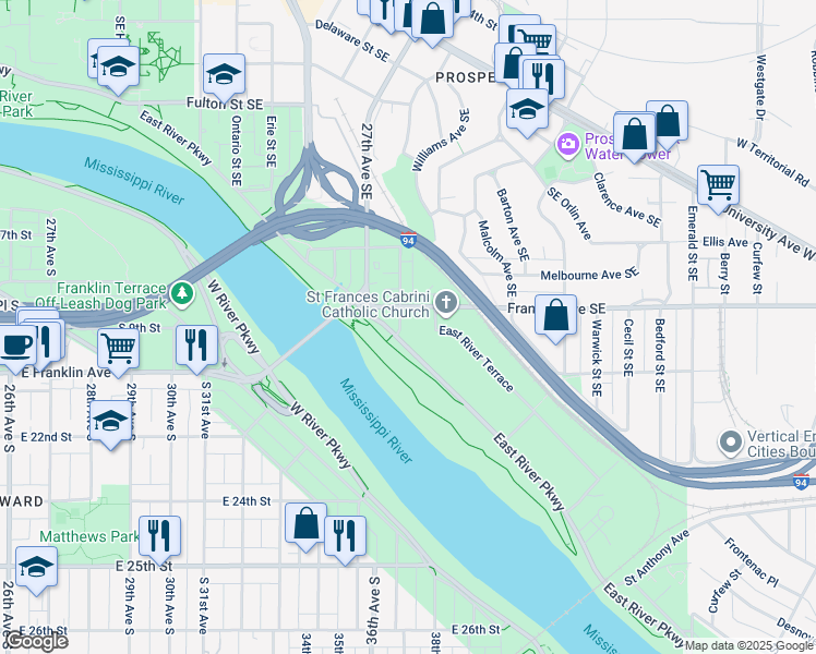 map of restaurants, bars, coffee shops, grocery stores, and more near 913 Thornton Street Southeast in Minneapolis