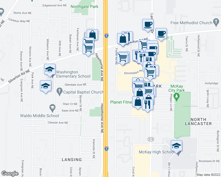 map of restaurants, bars, coffee shops, grocery stores, and more near 3535 Fisher Court Northeast in Salem
