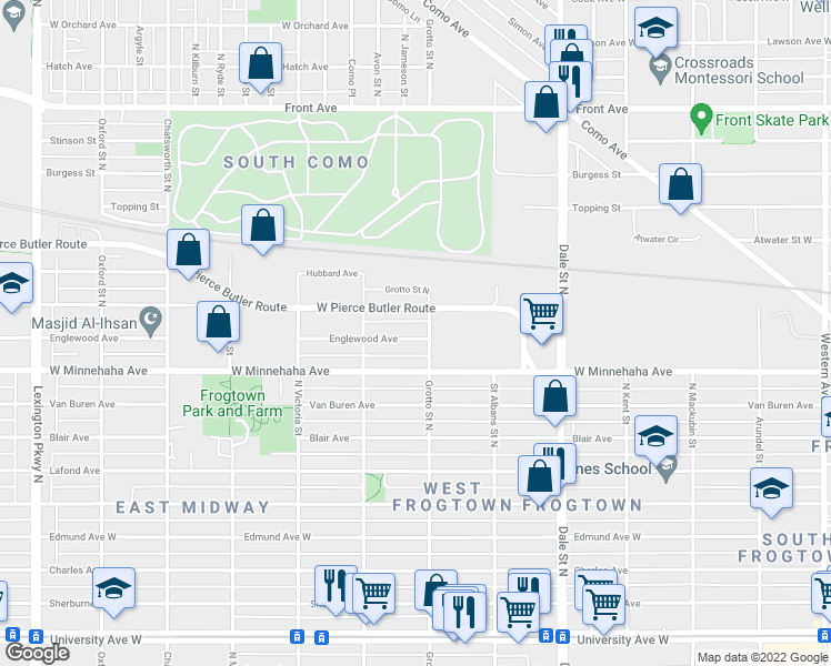 map of restaurants, bars, coffee shops, grocery stores, and more near 749 West Englewood Avenue in Saint Paul