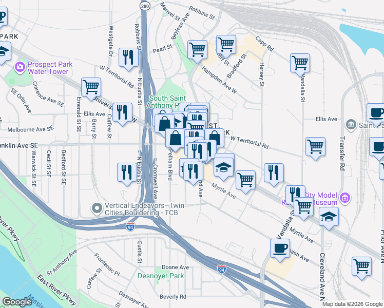map of restaurants, bars, coffee shops, grocery stores, and more near 2410 University Avenue West in Saint Paul