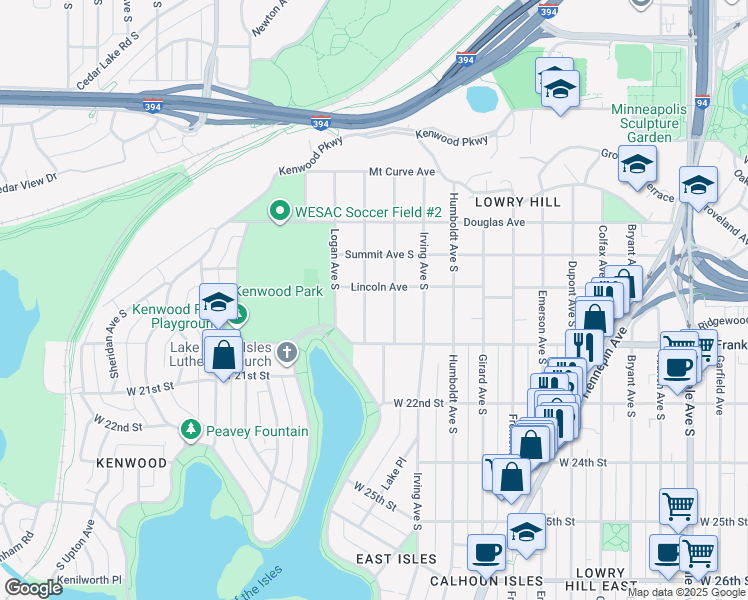 map of restaurants, bars, coffee shops, grocery stores, and more near 1907 Knox Avenue South in Minneapolis