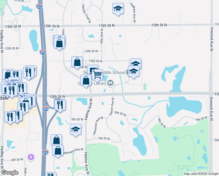 map of restaurants, bars, coffee shops, grocery stores, and more near 1010 Heron Avenue North in Oakdale