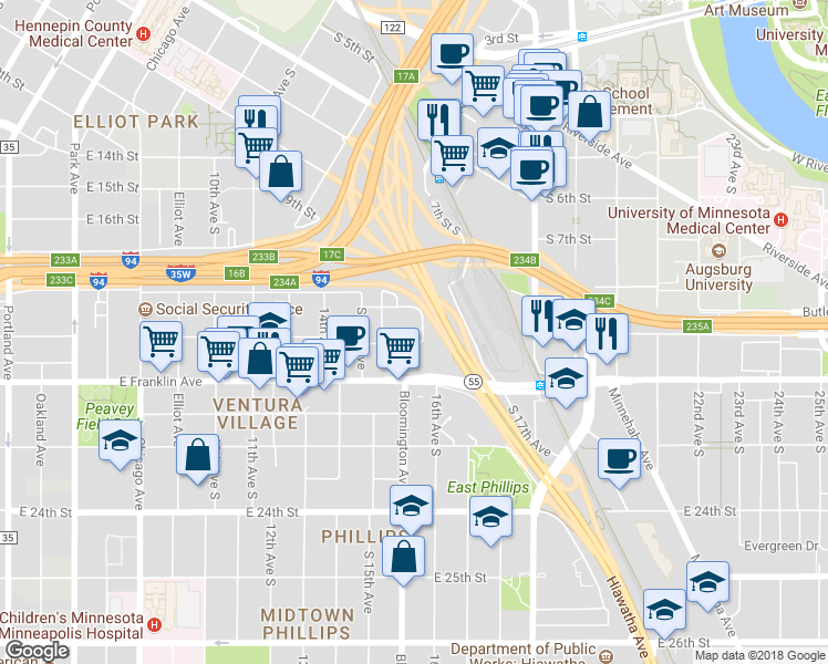 map of restaurants, bars, coffee shops, grocery stores, and more near 1816 16th Avenue South in Minneapolis