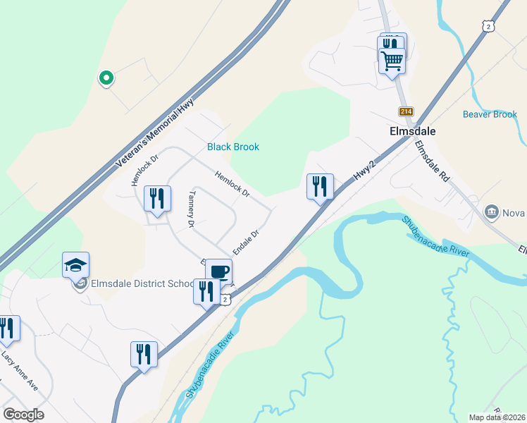 map of restaurants, bars, coffee shops, grocery stores, and more near 3 Hemlock Drive in Elmsdale