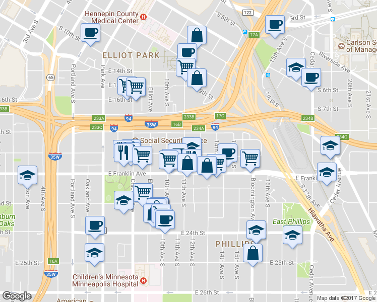 map of restaurants, bars, coffee shops, grocery stores, and more near 1829 11th Avenue South in Minneapolis