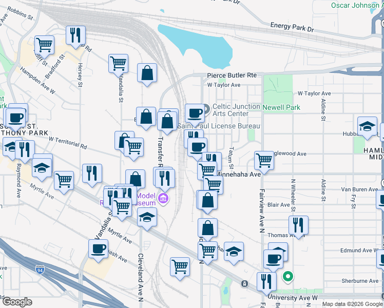 map of restaurants, bars, coffee shops, grocery stores, and more near 755 Prior Avenue North in Saint Paul