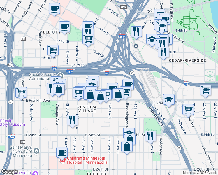map of restaurants, bars, coffee shops, grocery stores, and more near 1404 East 19th Street in Minneapolis