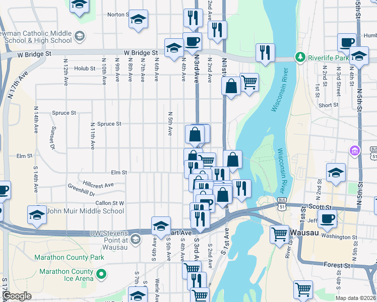 map of restaurants, bars, coffee shops, grocery stores, and more near 129 North 4th Avenue in Wausau
