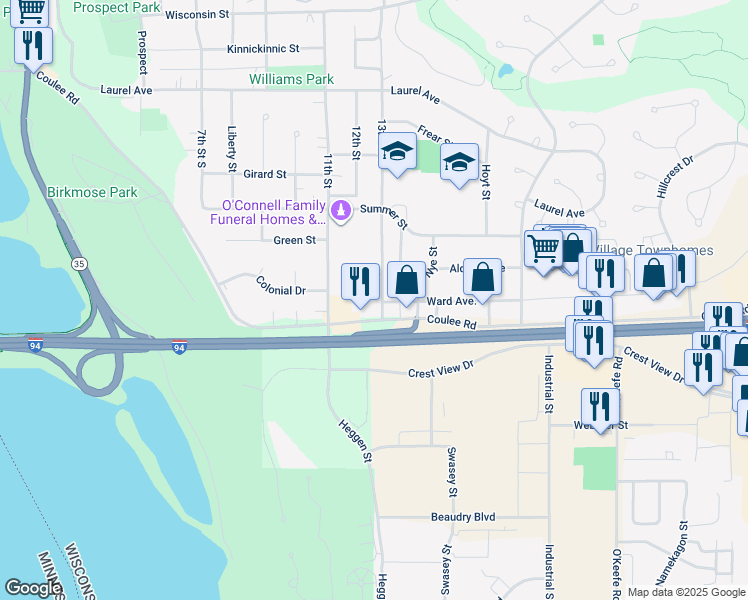 map of restaurants, bars, coffee shops, grocery stores, and more near 703 13th Street South in Hudson