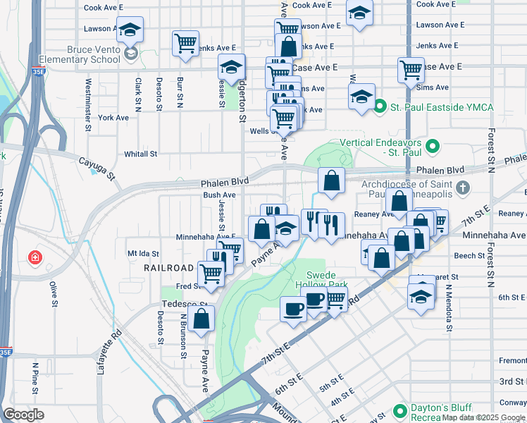 map of restaurants, bars, coffee shops, grocery stores, and more near 611 Reaney Avenue East in Saint Paul