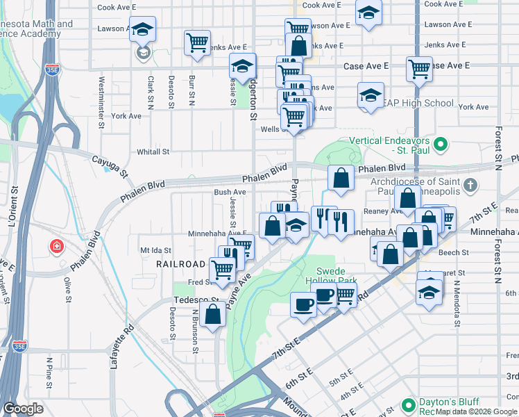 map of restaurants, bars, coffee shops, grocery stores, and more near 611 Reaney Avenue East in Saint Paul