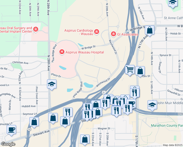 map of restaurants, bars, coffee shops, grocery stores, and more near 2000 Westwood Drive in Wausau