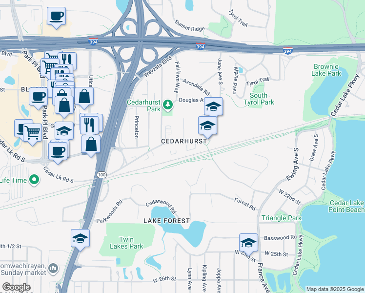 map of restaurants, bars, coffee shops, grocery stores, and more near in Golden Valley