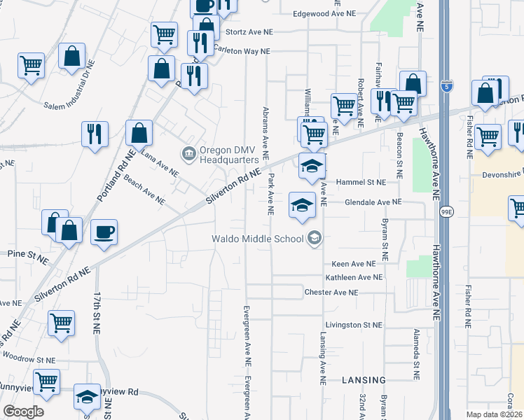 map of restaurants, bars, coffee shops, grocery stores, and more near 3071 Park Avenue Northeast in Salem