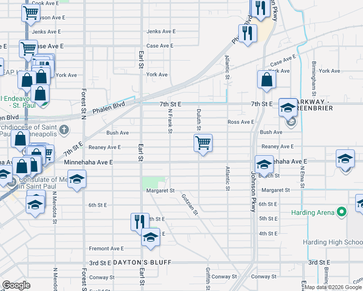 map of restaurants, bars, coffee shops, grocery stores, and more near 1133 Reaney Avenue East in Saint Paul