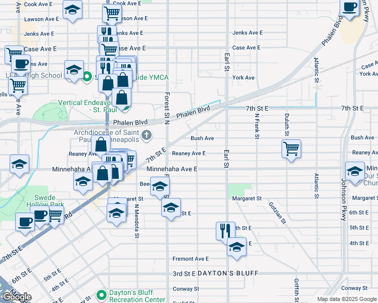map of restaurants, bars, coffee shops, grocery stores, and more near 996 Reaney Avenue East in Saint Paul