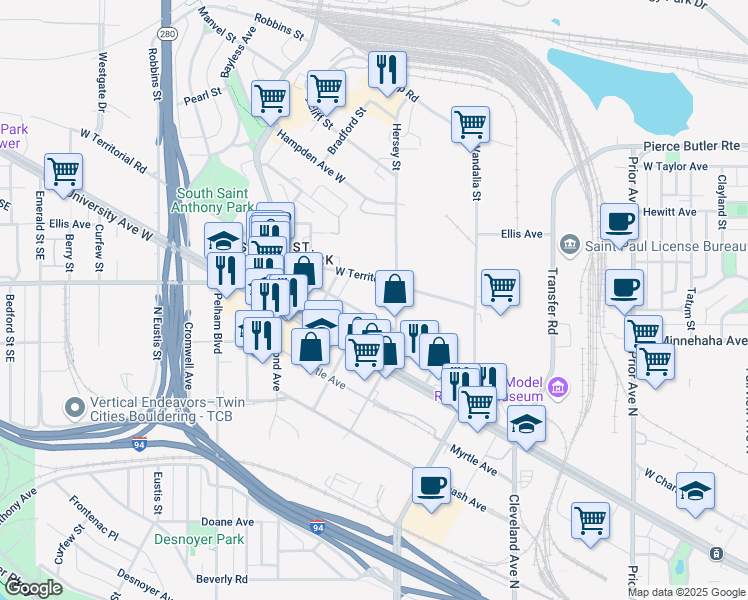 map of restaurants, bars, coffee shops, grocery stores, and more near 791 North Hampden Avenue in Saint Paul