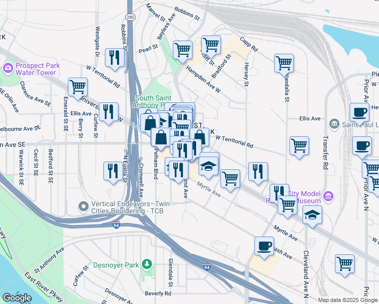 map of restaurants, bars, coffee shops, grocery stores, and more near in Saint Paul