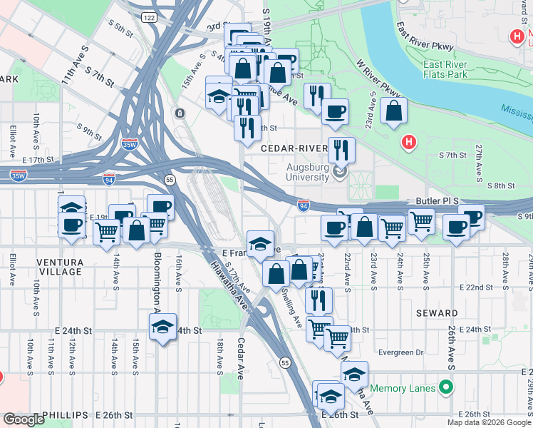 map of restaurants, bars, coffee shops, grocery stores, and more near in Minneapolis