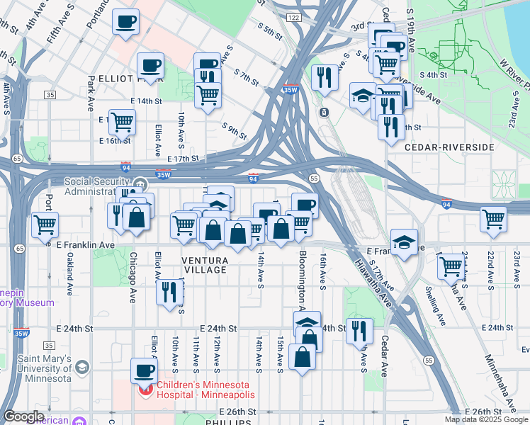 map of restaurants, bars, coffee shops, grocery stores, and more near 1404 East 19th Street in Minneapolis
