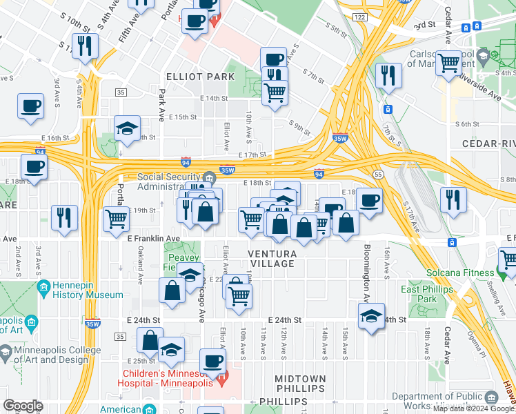 map of restaurants, bars, coffee shops, grocery stores, and more near 1827 10th Avenue South in Minneapolis