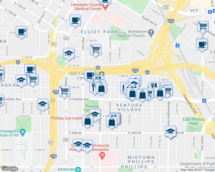map of restaurants, bars, coffee shops, grocery stores, and more near 1827 Elliot Avenue in Minneapolis