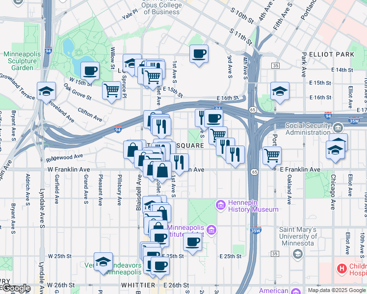 map of restaurants, bars, coffee shops, grocery stores, and more near in Minneapolis