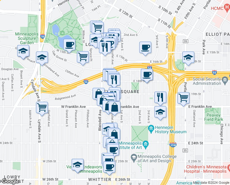 map of restaurants, bars, coffee shops, grocery stores, and more near in Minneapolis