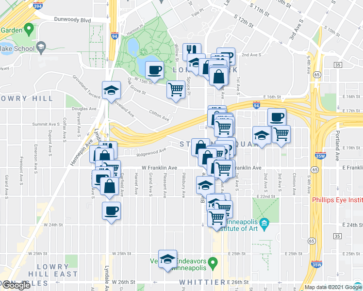 map of restaurants, bars, coffee shops, grocery stores, and more near 218 Ridgewood Avenue in Minneapolis