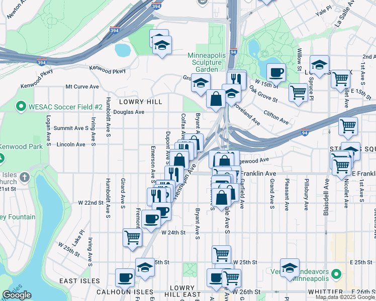 map of restaurants, bars, coffee shops, grocery stores, and more near 1912 Hennepin Avenue in Minneapolis