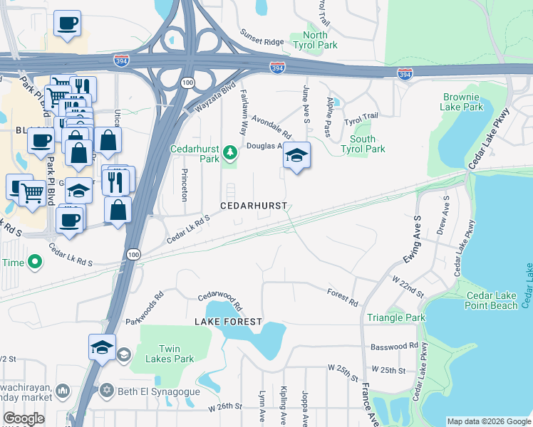 map of restaurants, bars, coffee shops, grocery stores, and more near 4401 Cedar Lake Road in Minneapolis