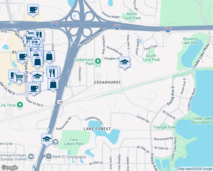 map of restaurants, bars, coffee shops, grocery stores, and more near in Golden Valley
