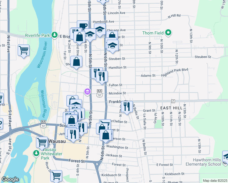map of restaurants, bars, coffee shops, grocery stores, and more near 620 Mcindoe Street in Wausau