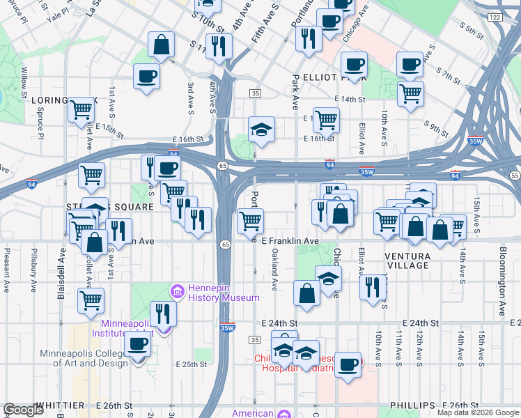 map of restaurants, bars, coffee shops, grocery stores, and more near 1829 Portland Avenue in Minneapolis