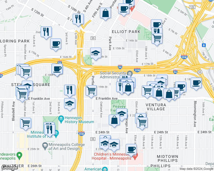map of restaurants, bars, coffee shops, grocery stores, and more near 1828 Park Avenue in Minneapolis