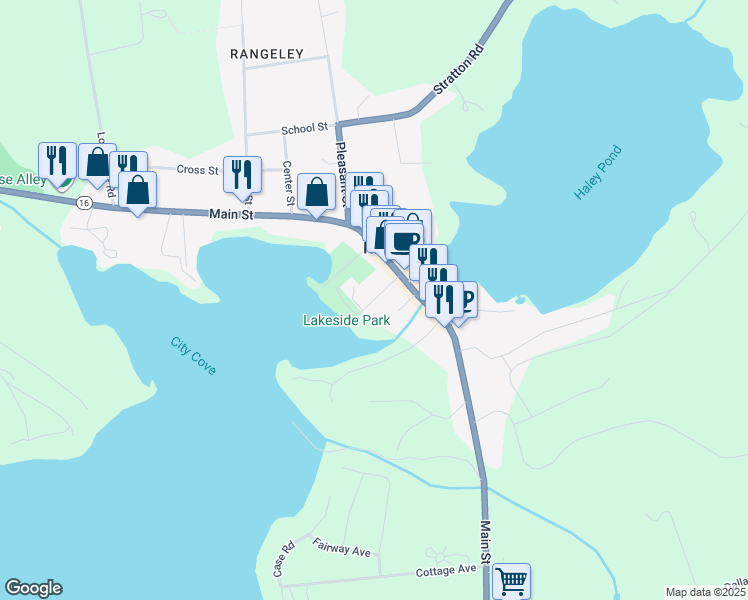map of restaurants, bars, coffee shops, grocery stores, and more near Lake Street in Rangeley