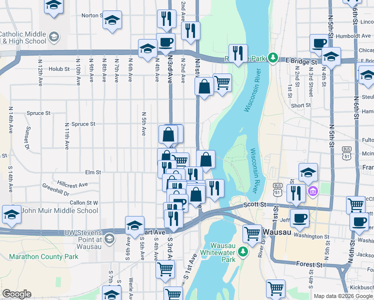 map of restaurants, bars, coffee shops, grocery stores, and more near 126 North 2nd Avenue in Wausau