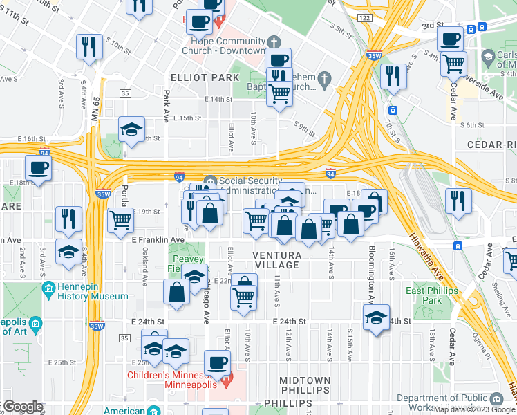 map of restaurants, bars, coffee shops, grocery stores, and more near 1827 10th Avenue South in Minneapolis