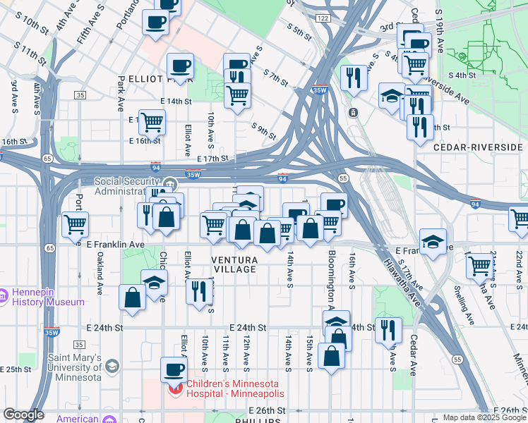 map of restaurants, bars, coffee shops, grocery stores, and more near 1829 13th Avenue South in Minneapolis