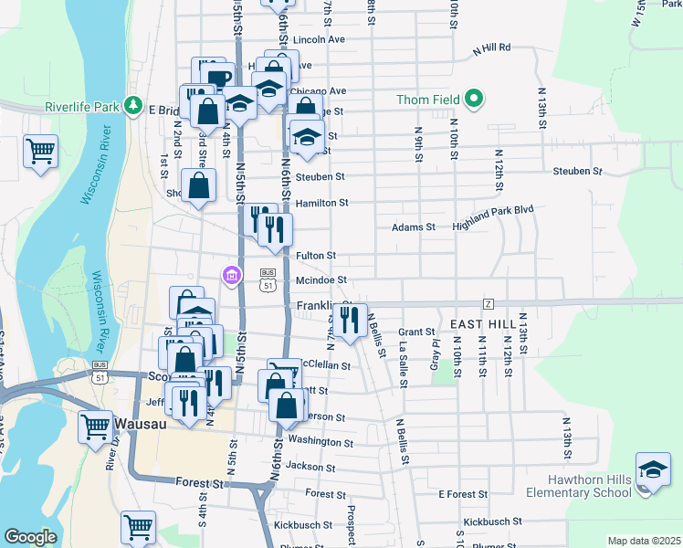 map of restaurants, bars, coffee shops, grocery stores, and more near 708 Mcindoe Street in Wausau