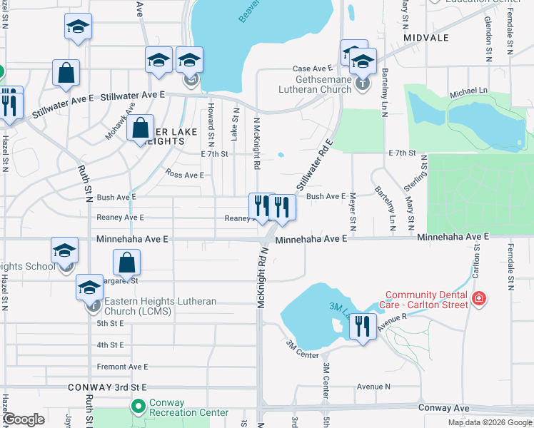 map of restaurants, bars, coffee shops, grocery stores, and more near 756 McKnight Road North in Maplewood