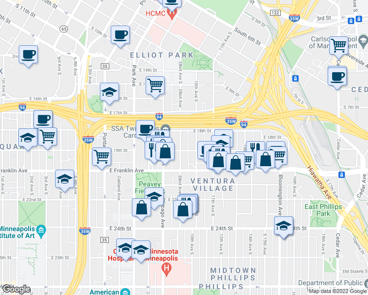 map of restaurants, bars, coffee shops, grocery stores, and more near 1827 Elliot Avenue in Minneapolis