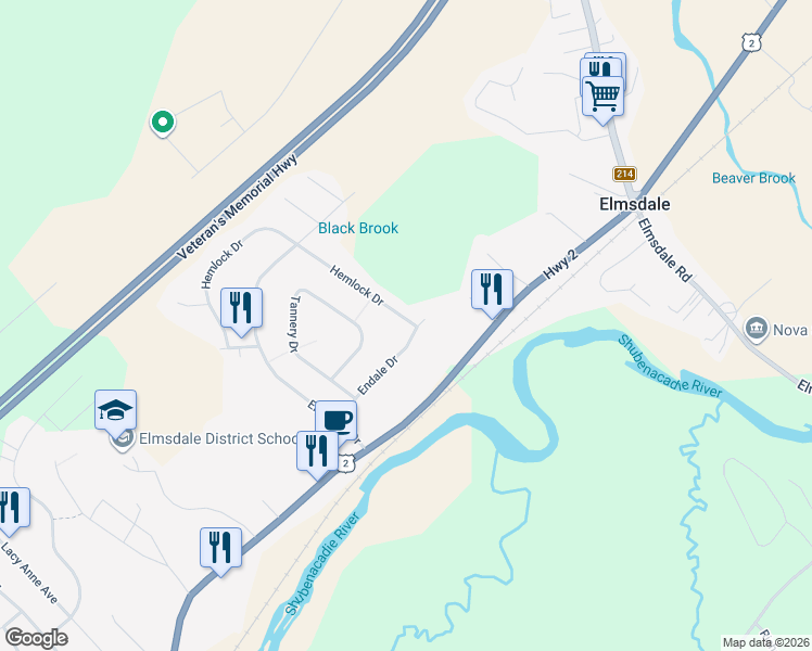 map of restaurants, bars, coffee shops, grocery stores, and more near 3 Hemlock Drive in Elmsdale