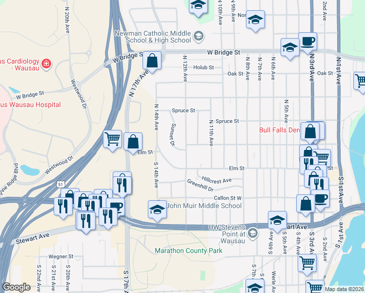 map of restaurants, bars, coffee shops, grocery stores, and more near 202 North 12th Avenue in Wausau