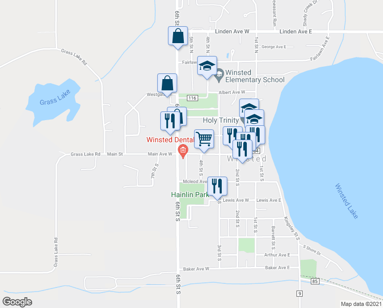 map of restaurants, bars, coffee shops, grocery stores, and more near 591 Main Avenue West in Winsted