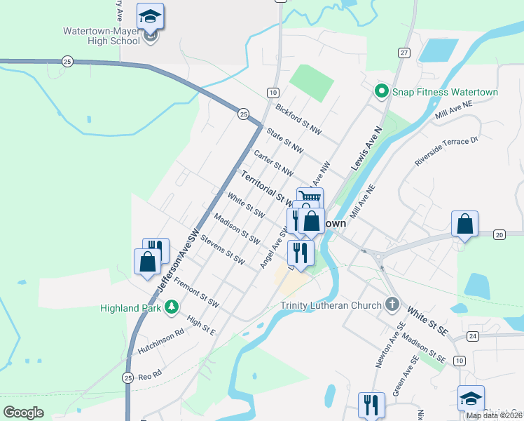 map of restaurants, bars, coffee shops, grocery stores, and more near 301 White Street Southwest in Watertown